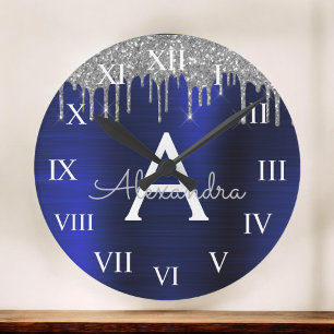 Silver Navy Blue Glitter Brushed Metal Monogram Large Clock