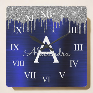 Silver Navy Blue Glitter Brushed Metal Monogram Square Wall Clock