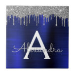 Silver Navy Blue Glitter Brushed Metal Monogram Tile<br><div class="desc">Silver and Navy Blue Faux Foil Metallic Sparkle Glitter Brushed Metal Monogram Name and Initial Ceramic Tiles. This makes the perfect sweet 16 birthday,  wedding,  bridal shower,  anniversary,  baby shower or bachelorette party gift for someone that loves glam luxury and chic styles.</div>