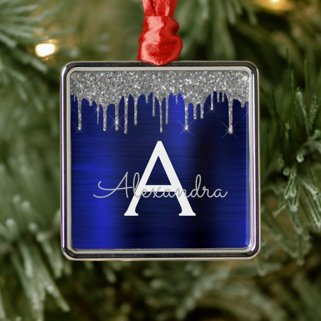 Silver Navy Blue Glitter Brushed Metal Monogram Tree Decoration (Tree)