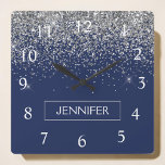 Silver Navy Blue Glitter Girly Monogram Name<br><div class="desc">Silver and Navy Blue Sparkle Glitter Monogram Name Clock. This makes the perfect sweet 16 birthday,  wedding,  bridal shower,  anniversary,  baby shower or bachelorette party gift for someone that loves glam luxury and chic styles.</div>