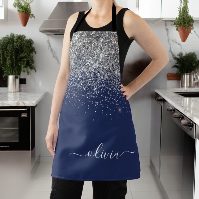 Silver Navy Blue Glitter Girly Monogram Name Apron (Creator Uploaded)
