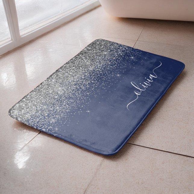 Silver Navy Blue Glitter Girly Monogram Name Bath Mat (Creator Uploaded)