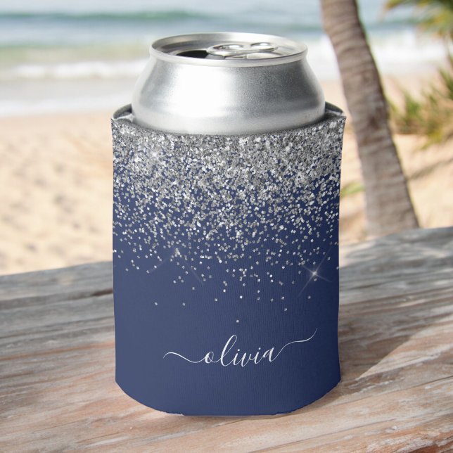 Silver Navy Blue Glitter Girly Monogram Name Can Cooler (Creator Uploaded)