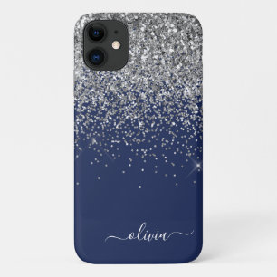 Silver Navy Blue Glitter Girly Monogram Name Case-Mate iPhone Case