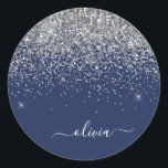 Silver Navy Blue Glitter Girly Monogram Name Classic Round Sticker<br><div class="desc">Silver and Navy Blue Sparkle Glitter Monogram Name and Initial Party Sticker Address Labels. This makes the perfect sweet 16 birthday,  wedding,  bridal shower,  anniversary,  baby shower or bachelorette party gift for someone that loves glam luxury and chic styles.</div>