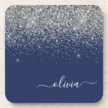 Silver Navy Blue Glitter Girly Monogram Name Coaster<br><div class="desc">Navy Blue and Silver Glitter Script Monogram Name Paper Coasters. This makes the perfect graduation,  birthday,  wedding,  bridal shower,  anniversary,  baby shower or bachelorette party gift for someone that loves glam luxury and chic styles.</div>