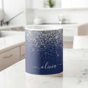 Silver Navy Blue Glitter Girly Monogram Name Coffee Mug