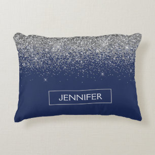 Silver Navy Blue Glitter Girly Monogram Name Decorative Cushion