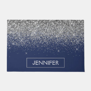 Silver Navy Blue Glitter Girly Monogram Name Doormat
