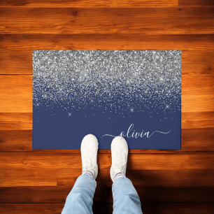 Silver Navy Blue Glitter Girly Monogram Name Doormat