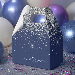 Silver Navy Blue Glitter Girly Monogram Name Favour Box