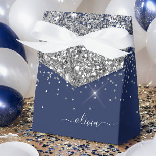 Silver Navy Blue Glitter Girly Monogram Name Favour Box