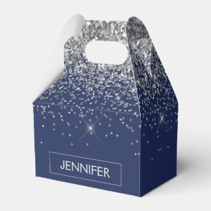 Silver Navy Blue Glitter Girly Monogram Name Favour Box