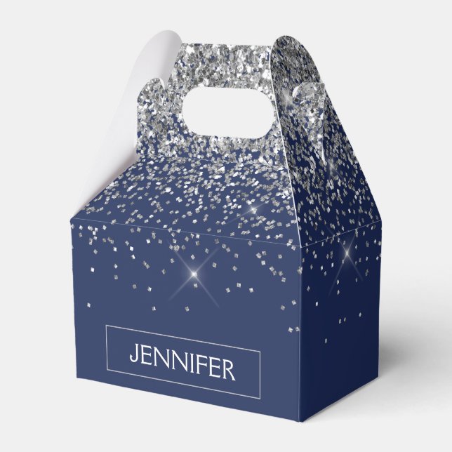 Silver Navy Blue Glitter Girly Monogram Name Favour Box (Front Side)