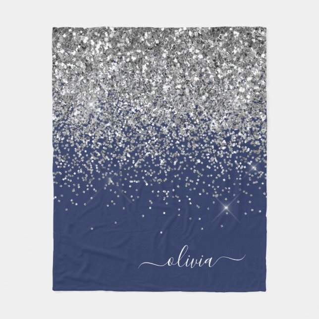 Silver Navy Blue Glitter Girly Monogram Name Fleece Blanket (Front)