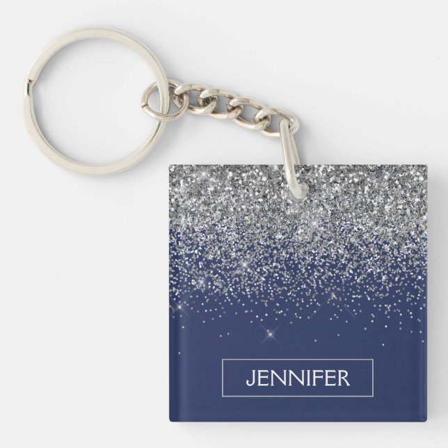 Silver Navy Blue Glitter Girly Monogram Name Key Ring (Front)