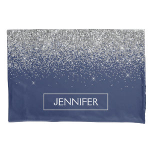 Silver Navy Blue Glitter Girly Monogram Name Pillowcase