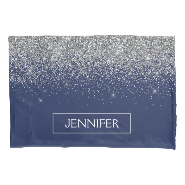 Silver Navy Blue Glitter Girly Monogram Name Pillowcase (Front)