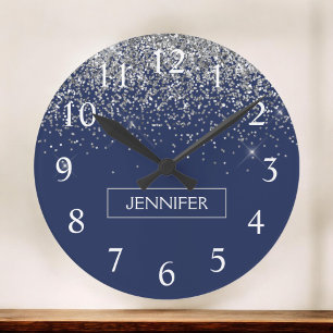 Silver Navy Blue Glitter Girly Monogram Name Round Clock