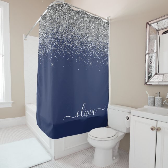 Silver Navy Blue Glitter Girly Monogram Name Shower Curtain (In Situ)