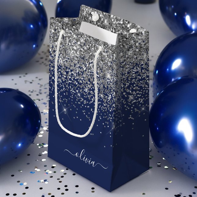Silver Navy Blue Glitter Girly Monogram Name Small Gift Bag (Creator Uploaded)