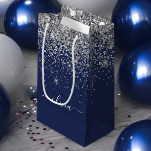 Silver Navy Blue Glitter Girly Monogram Name Small Gift Bag