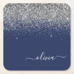 Silver Navy Blue Glitter Girly Monogram Name Square Paper Coaster<br><div class="desc">Navy Blue and Silver Sparkle Glitter Script Monogram Name Paper Coasters. This makes the perfect graduation,  birthday,  wedding,  bridal shower,  anniversary,  baby shower or bachelorette party gift for someone that loves glam luxury and chic styles.</div>