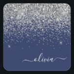 Silver Navy Blue Glitter Girly Monogram Name Square Sticker<br><div class="desc">Silver and Navy Blue Sparkle Glitter Brushed Metal Monogram Name Paper Party Sticker Address Labels. This makes the perfect sweet 16 birthday,  wedding,  bridal shower,  anniversary,  baby shower or bachelorette party gift for someone that loves glam luxury and chic styles.</div>