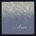 Silver Navy Blue Glitter Girly Monogram Name Stone Coaster<br><div class="desc">Navy Blue and Silver Sparkle Glitter Script Monogram Name Stone Tile. This makes the perfect graduation,  sweet 16 birthday,  wedding,  bridal shower,  anniversary,  baby shower or bachelorette party gift for someone that loves glam luxury and chic styles.</div>
