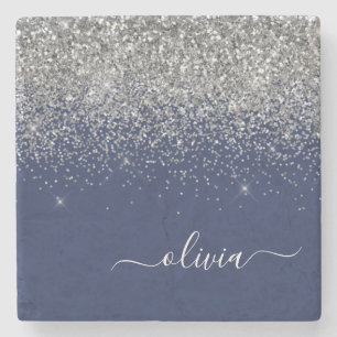 Silver Navy Blue Glitter Girly Monogram Name Stone Coaster