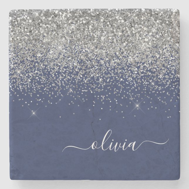 Silver Navy Blue Glitter Girly Monogram Name Stone Coaster (Front)