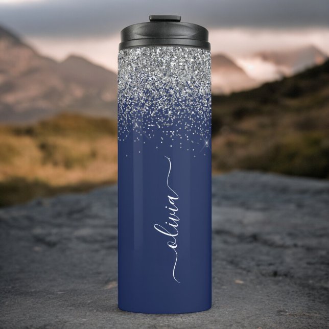 Silver Navy Blue Glitter Girly Monogram Name Thermal Tumbler (Creator Uploaded)
