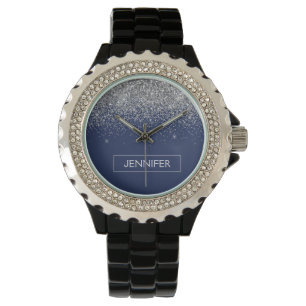 Silver Navy Blue Glitter Girly Monogram Name Watch