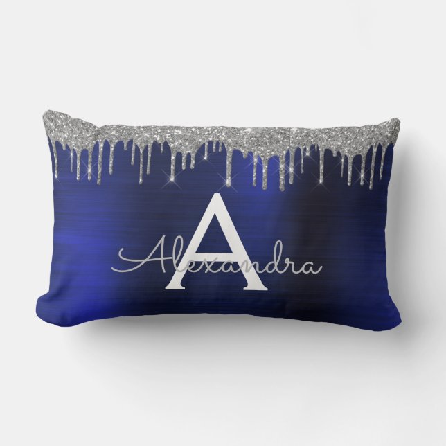 Silver Navy Blue Glitter Monogram Name Lumbar Cushion (Front)