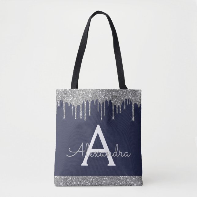 Silver Navy Blue Glitter Spakle Elegant Monogram Tote Bag (Front)