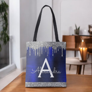 Silver Navy Blue Glitter Sparkle Elegant Monogram Tote Bag