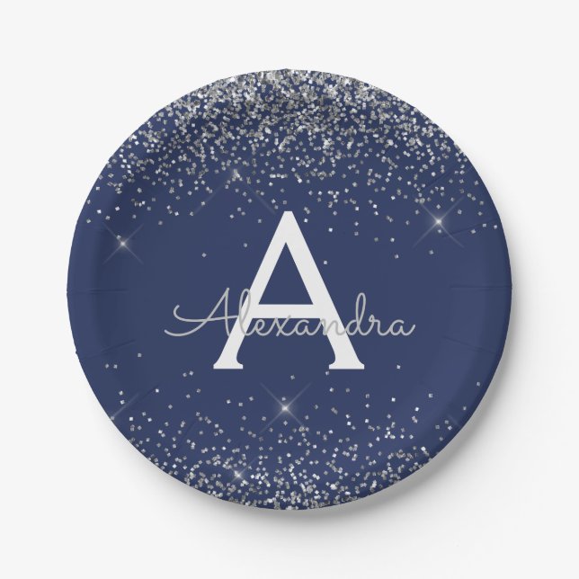 Silver Navy Blue Glitter Sparkle Monogram Birthday Paper Plate (Front)