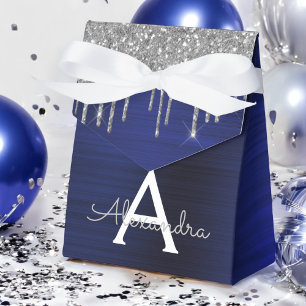 Silver Navy Blue Glitter Sparkle Monogram Name Favour Box