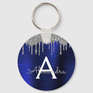 Silver Navy Blue Glitter Stainless Steel Monogram Key Ring