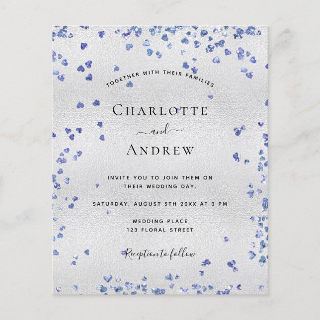 Silver navy blue hearts budget wedding invitation flyer (Front)