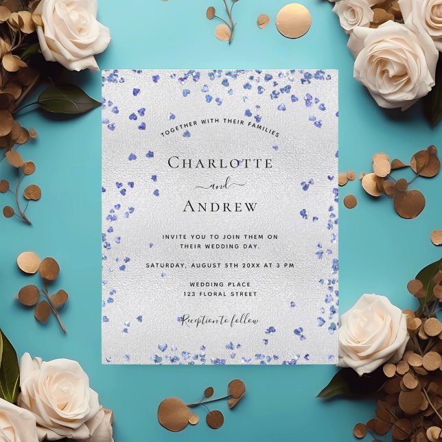 Silver navy blue hearts wedding invitation (Creator Uploaded)