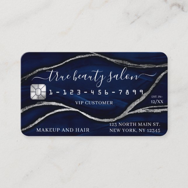 Silver Navy Blue Marble Signature Credit Card (Front)