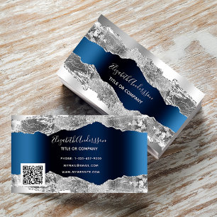 Silver navy blue metal agate marble QR code Business Card