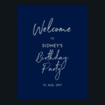 Silver & Navy Blue Modern Birthday Party Welcome Poster<br><div class="desc">Welcome your guest with this modern birthday welcome poster. This sign features a simple script "Welcome to Birthday Party" in silver & navy blue colour theme. You can customise the name and the date. Matching invitations and party supplies are available at my shop BaraBomDesign.</div>