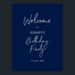 Silver & Navy Blue Modern Birthday Party Welcome Poster<br><div class="desc">Welcome your guest with this modern birthday welcome poster. This sign features a simple script "Welcome to Birthday Party" in silver & navy blue colour theme. You can customise the name and the date. Matching invitations and party supplies are available at my shop BaraBomDesign.</div>