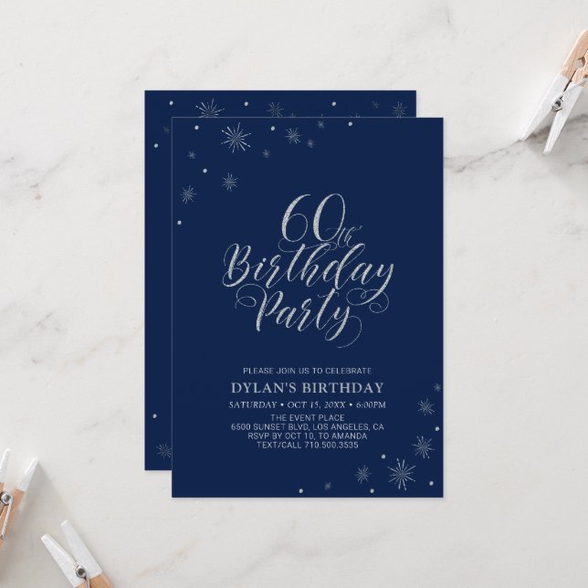 Silver & Navy Blue Modern Chic 60th Birthday Party Invitation (Front/Back In Situ)