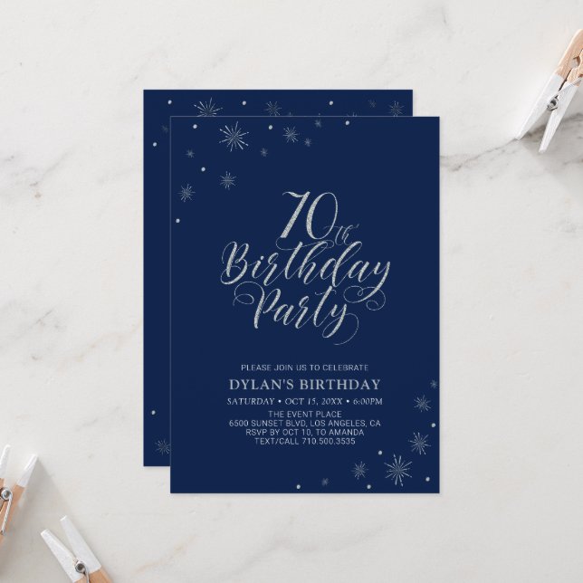 Silver & Navy Blue Modern Chic 70th Birthday Party Invitation (Front/Back In Situ)