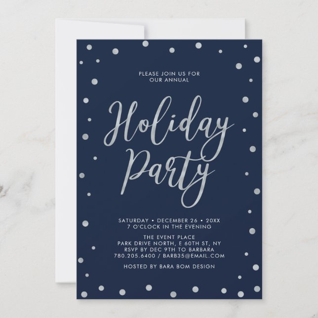 Silver & Navy Blue Modern Confetti Holiday Party Invitation (Front)