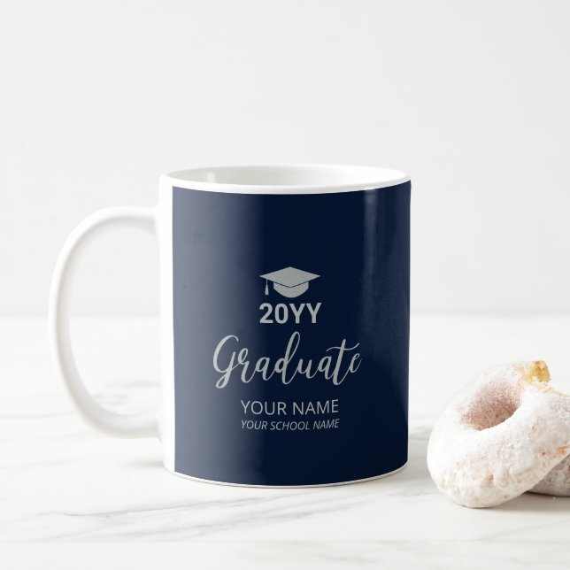 Silver & Navy Blue Personalised Graduation Gifts Coffee Mug (With Donut)